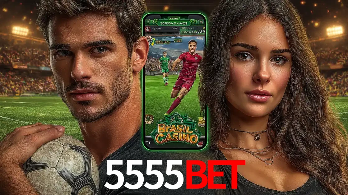 Homem segurando uma bola de futebol e uma mulher ao lado de um smartphone exibindo o jogo de apostas esportivas da 5555bet. Faça seu palpite no cassino online.